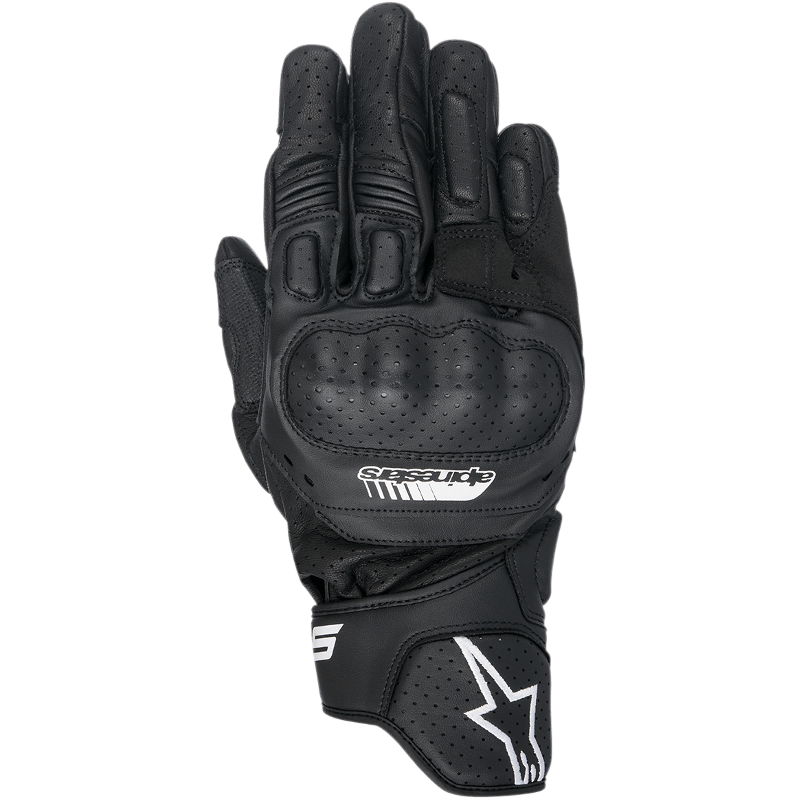 Alpinestars SP-5 Handschuhe, Motorrad-Rennhandschuhe, Schwarz, perforiertes Leder mit integriertem Polymer-Knöchelschutz, gepolsterte Finger, weißes Alpinestars-Logo am Bündchen, sportliches Design mit kurzer Manschette