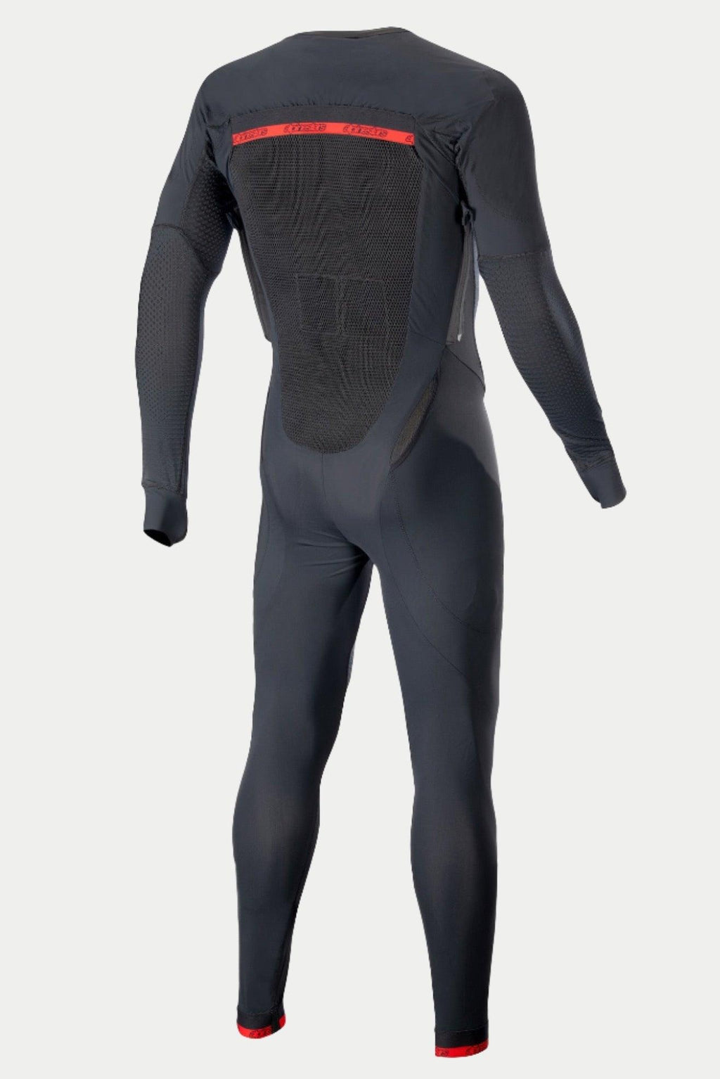 Alpinestars Tech-Air 10 Race System Lange Basisschicht, Herren-Motorradunteranzug in Schwarz und Hellrot mit atmungsaktiven Mesh-Einsätzen am Rücken.