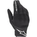 Alpinestars Copper Gloves, Urban Motorcycle Gloves, Black and White, backhand view showing mesh and textile construction, white Alpinestars logo on the wrist and lettering on the index finger, featuring accordion stretch panels and integrated knuckle protection.