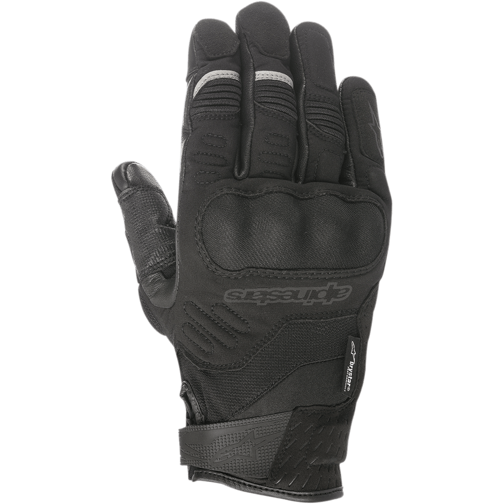 Alpinestars C-30 Drystar® Gloves, Black Motorcycle Gloves, featuring over-molded hard knuckle protection, stretch textile and softshell construction, Velcro wrist strap, and subtle grey reflective accents on the fingers.