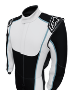 Alpinestars Tech Vision V3 Custom Auto Racing Suit, black and white with light blue trim, FIA certified gear.