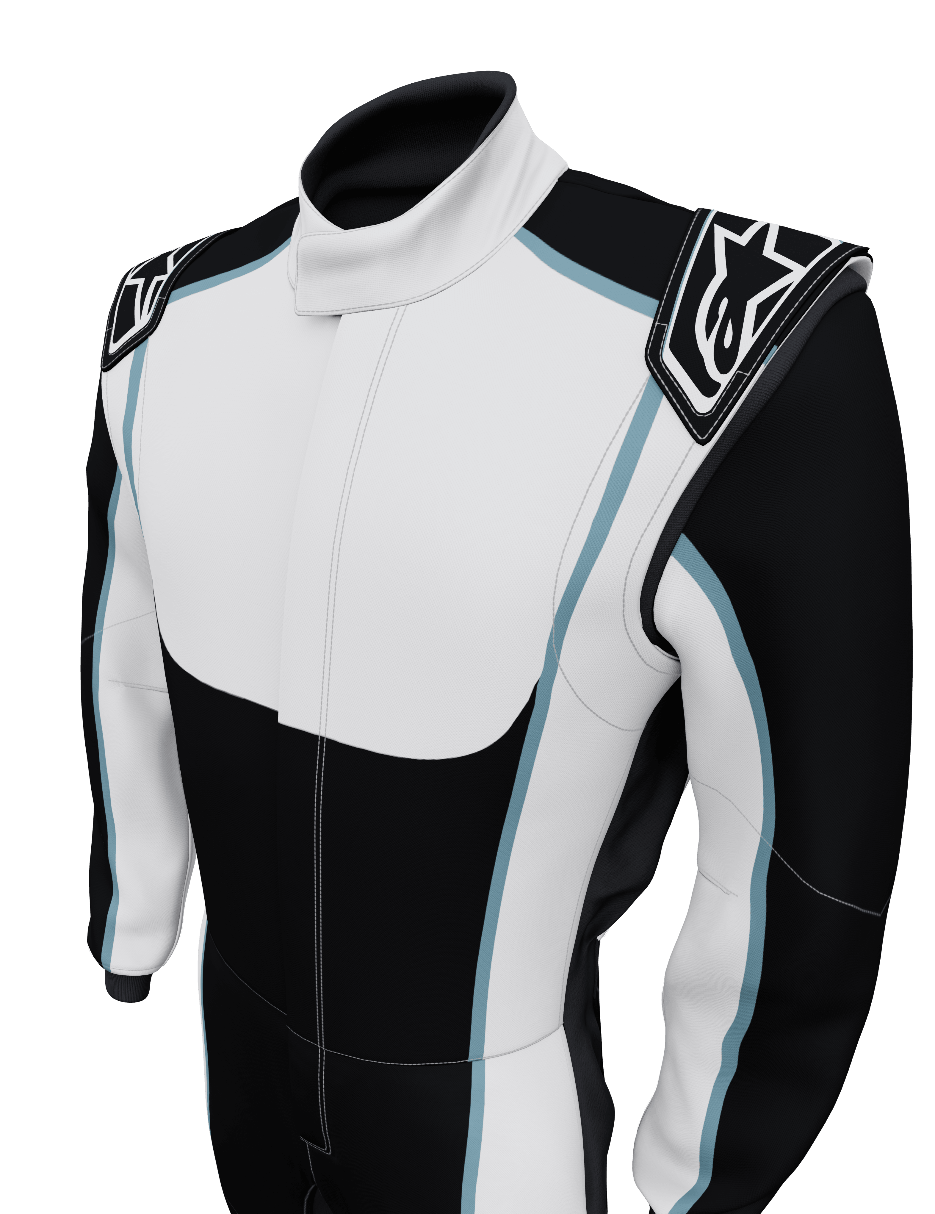 Alpinestars Tech Vision V3 Custom Auto Racing Suit, black and white with light blue trim, FIA certified gear.