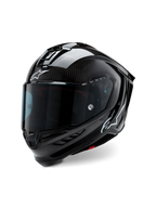 Alpinestars Supertech R10 Solid Helmet, Motorcycle Racing Helmet, Black Carbon Matte and Glossy, featuring visible carbon fiber weave, dark tinted visor, white Astars logos, sleek aerodynamic design
