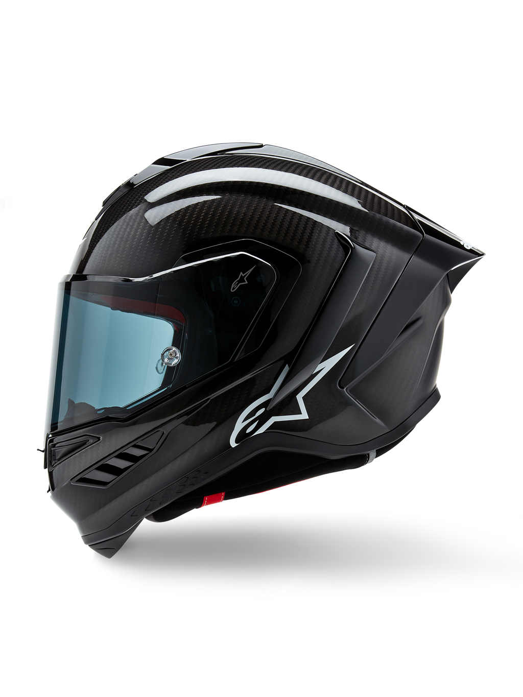 Alpinestars Supertech R10 Solid Helmet, Full-Face Motorcycle Racing Helmet, Black Carbon Matte and Glossy, visible carbon fiber weave pattern, white Alpinestars logo on the side, aerodynamic design with integrated rear spoiler and ventilation ports, side profile view