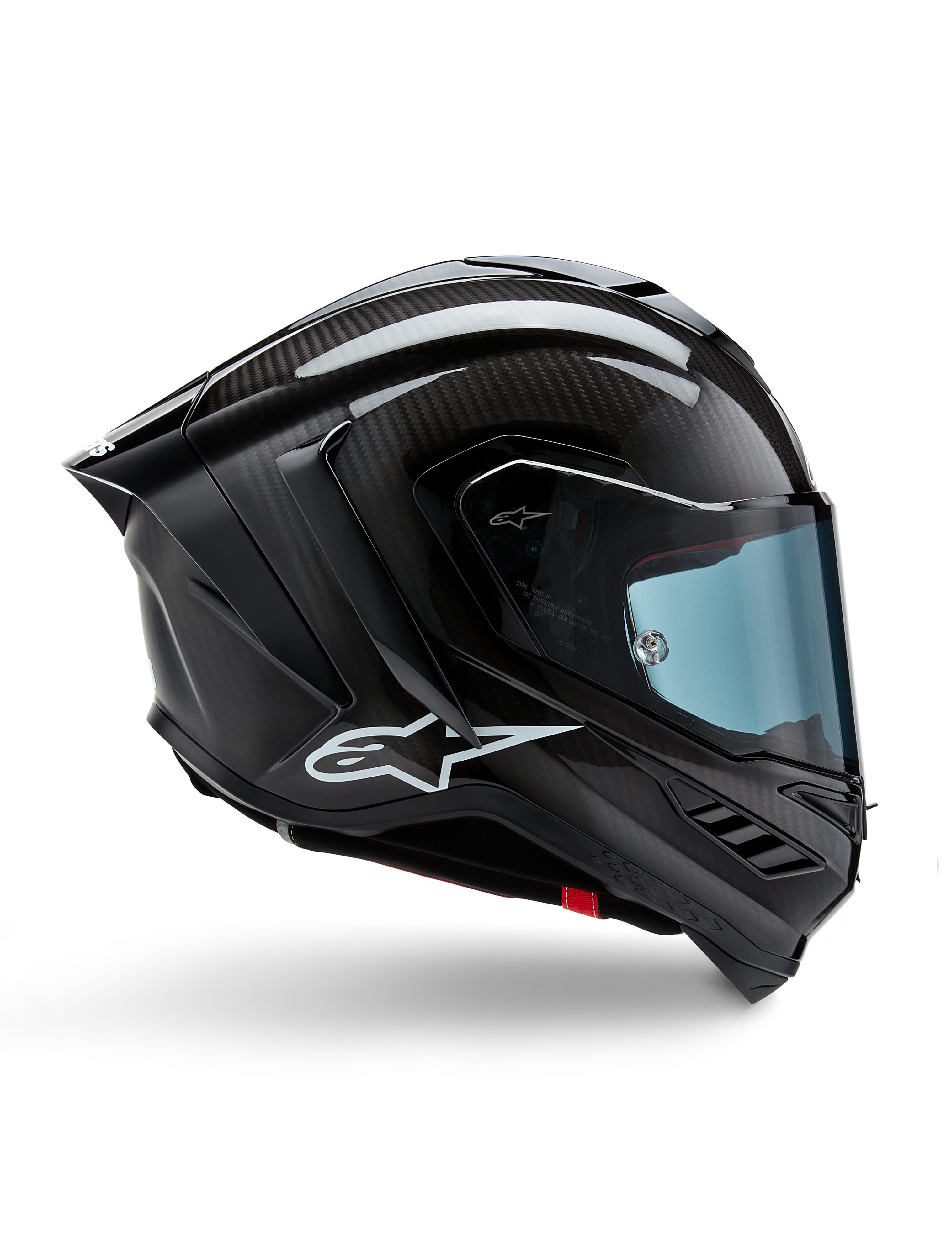 Alpinestars Supertech R10 Solid Helmet, Black Carbon Matte and Glossy, Motorcycle Racing Helmet, Carbon Fiber Construction, Side Profile, Blue Tinted Visor, Aerodynamic Design with Winglets, White Logo, High-Performance MotoGP-Level Protection