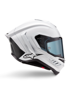 Alpinestars Supertech R10 Solid Helmet, White Glossy and Black Matt motorcycle racing helmet, side profile view, aerodynamic design with rear winglets and side vents, blue-tinted visor, featuring a black Alpinestars star logo on the side