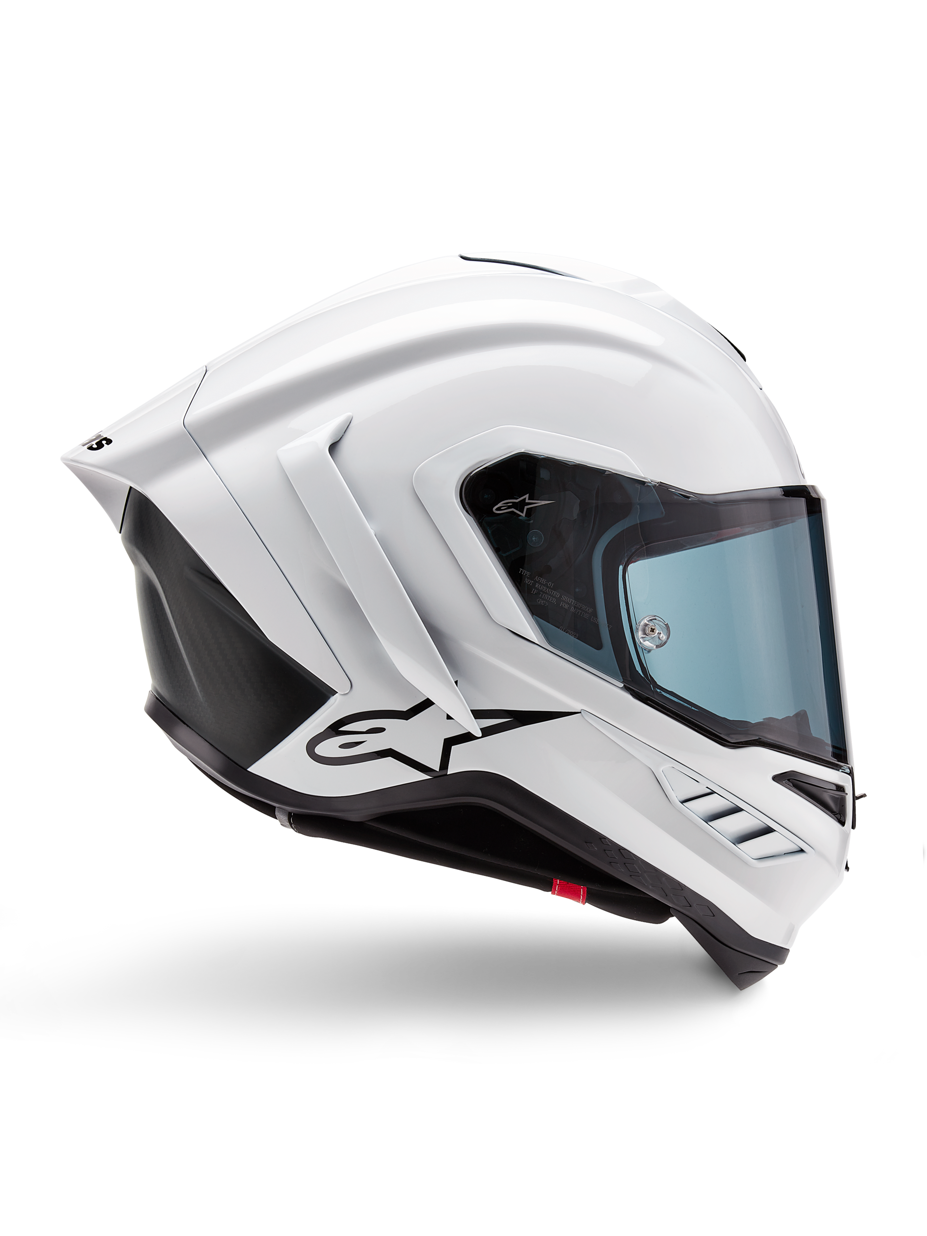 Alpinestars Supertech R10 Solid Helm, Motorrad-Rennhelm, Weiß glänzend und Schwarz matt, Seitenansicht, aerodynamisches Design mit hinteren Winglets und seitlichen Belüftungsöffnungen, blau getöntes Visier, schwarzes Alpinestars-Sternlogo auf der Seite