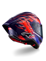Alpinestars Supertech R10 Limited Edition Flyte Helmet, Full-Face Racing Helmet, Glossy Deep Purple and Blue with Orange and Red Flame Graphics, featuring white Alpinestars logo and aerodynamic rear spoiler, high-performance motorsport head protection