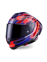 Alpinestars Supertech R10 Limited Edition Flyte Helmet, Full-Face Racing Helmet, Purple and Deep Blue with Vibrant Orange Flame Graphics, features a dark smoke visor and aerodynamic shell, high-performance motorsport gear