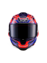 Alpinestars Supertech R10 Limited Edition Flyte Helmet, full-face racing helmet, front view, purple and orange flame motif, dark smoke visor, aerodynamic design for high-performance riding