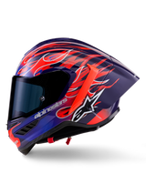 Alpinestars Supertech R10 Limited Edition Flyte Helmet, Full-Face Racing Helmet, Purple and Red Glossy with Flame Motif, Featuring Dark Tinted Visor and Aerodynamic Rear Spoiler