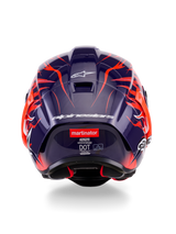 Rear view of the Alpinestars Supertech R10 Limited Edition Flyte Helmet, featuring a dark purple glossy shell with vibrant orange flame graphics, white Alpinestars branding, and the 'martinator' logo on the back.