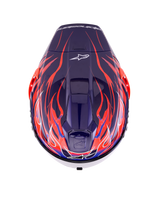 Alpinestars Supertech R10 Limited Edition Flyte Helmet, Full-Face Racing Helmet, Purple Red Glossy with deep blue and searing orange flame motifs, top view showing crown vents and Alpinestars logo, professional aerodynamic design for high-performance riding