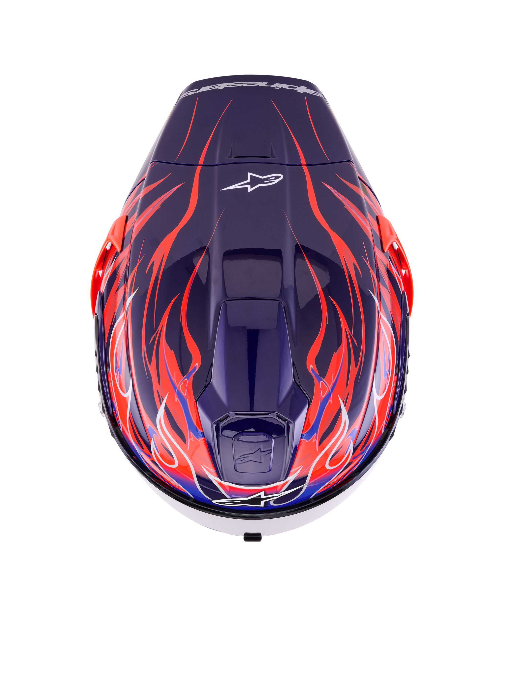 Alpinestars Supertech R10 Limited Edition Flyte Helmet, Full-Face Racing Helmet, Purple Red Glossy with deep blue and searing orange flame motifs, top view showing crown vents and Alpinestars logo, professional aerodynamic design for high-performance riding