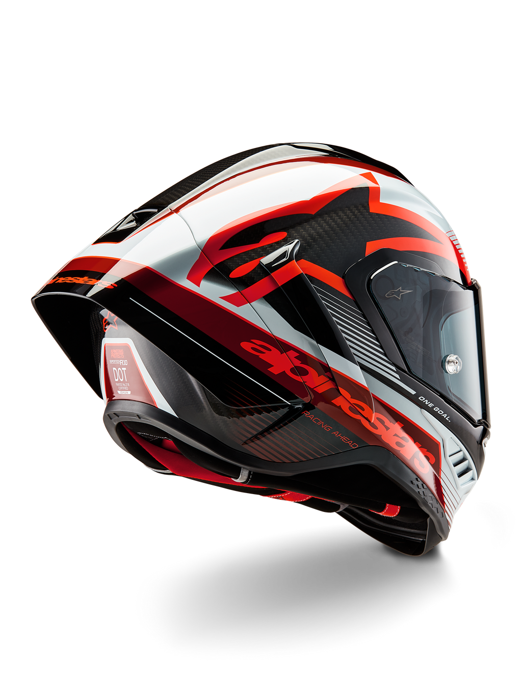 Alpinestars Supertech R10 Team Helm, Integral-Rennhelm, Schwarz Carbon, Rot und Weiß glänzend, aerodynamisches Design mit Heckspoiler und sichtbarer Kohlefaserstruktur, mit markanten Alpinestars-Logos und DOT-Zertifizierungslabel