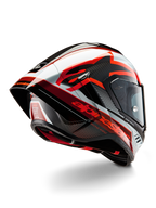 Alpinestars Supertech R10 Team Helm, Integral-Rennhelm, Schwarz Carbon, Rot und Weiß glänzend, aerodynamisches Design mit Heckspoiler und sichtbarer Kohlefaserstruktur, mit markanten Alpinestars-Logos und DOT-Zertifizierungslabel