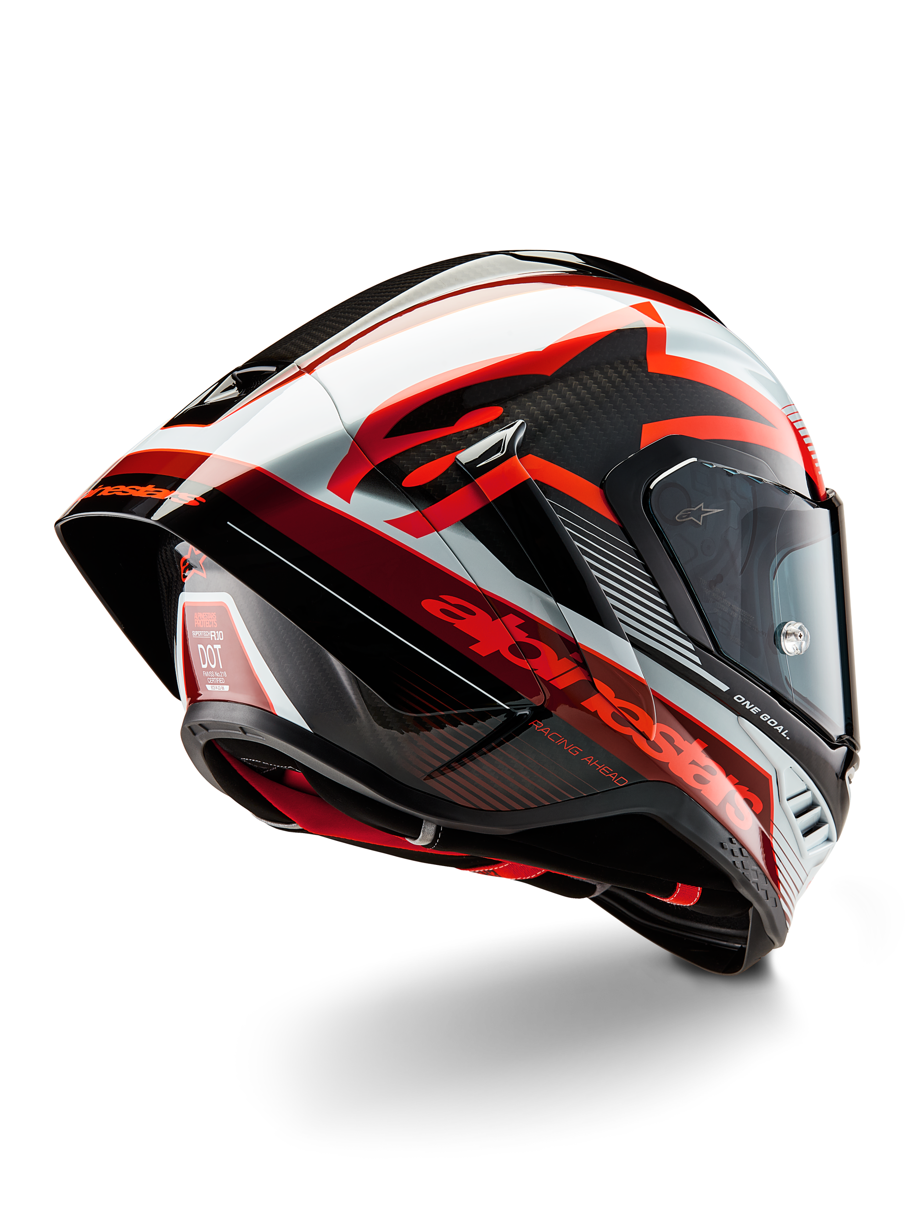 Alpinestars Supertech R10 Team Helm, Integral-Rennhelm, Schwarz Carbon, Rot und Weiß glänzend, aerodynamisches Design mit Heckspoiler und sichtbarer Kohlefaserstruktur, mit markanten Alpinestars-Logos und DOT-Zertifizierungslabel