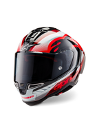 Alpinestars Supertech R10 Team Helm, Integral-Motorradhelm, glänzendes schwarzes Carbon mit roten und weißen Grafiken, aerodynamische Schale, mit markantem Alpinestars-Branding und getöntem Visier