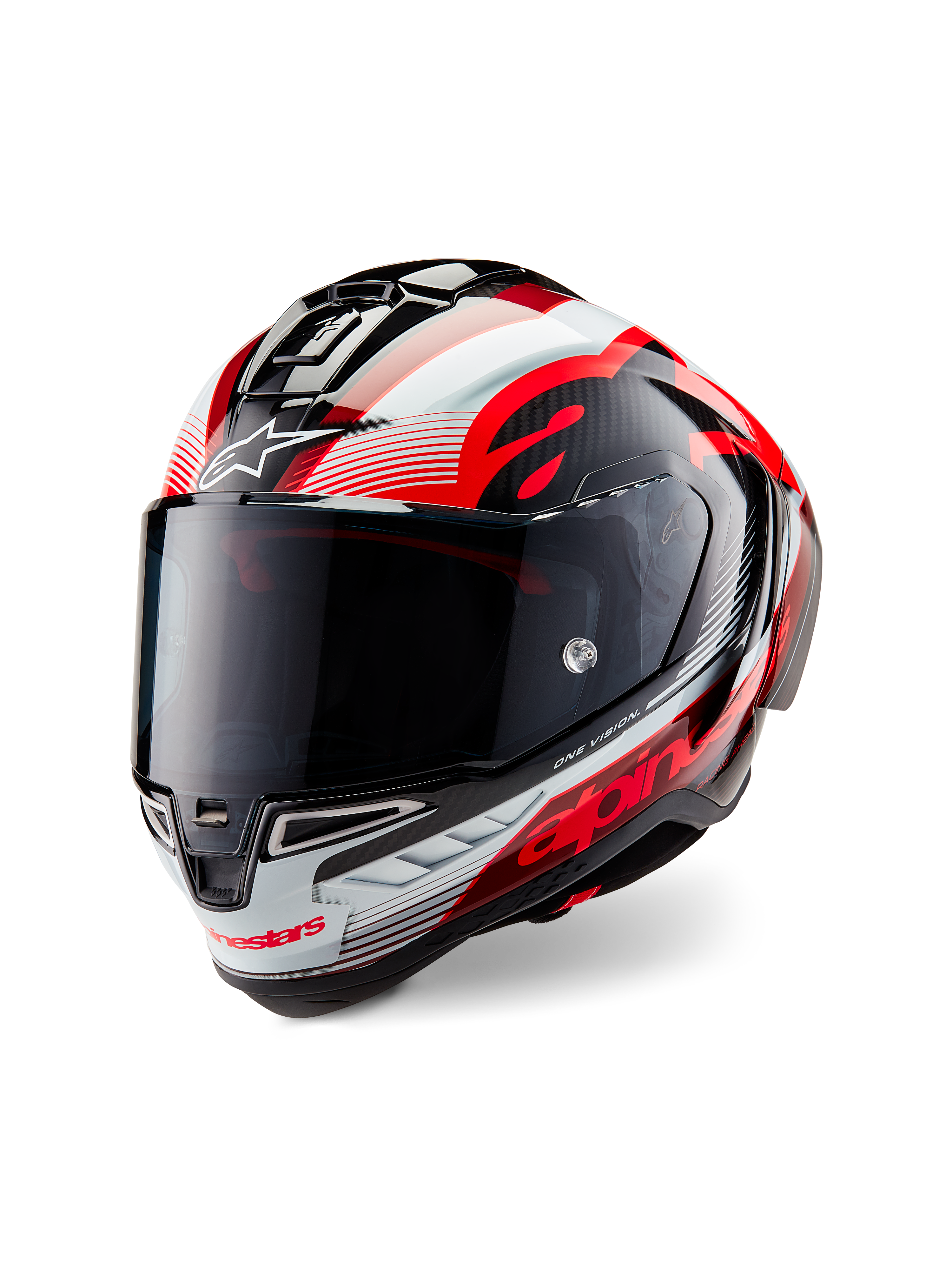 Alpinestars Supertech R10 Team Helm, Integral-Motorradhelm, glänzendes schwarzes Carbon mit roten und weißen Grafiken, aerodynamische Schale, mit markantem Alpinestars-Branding und getöntem Visier