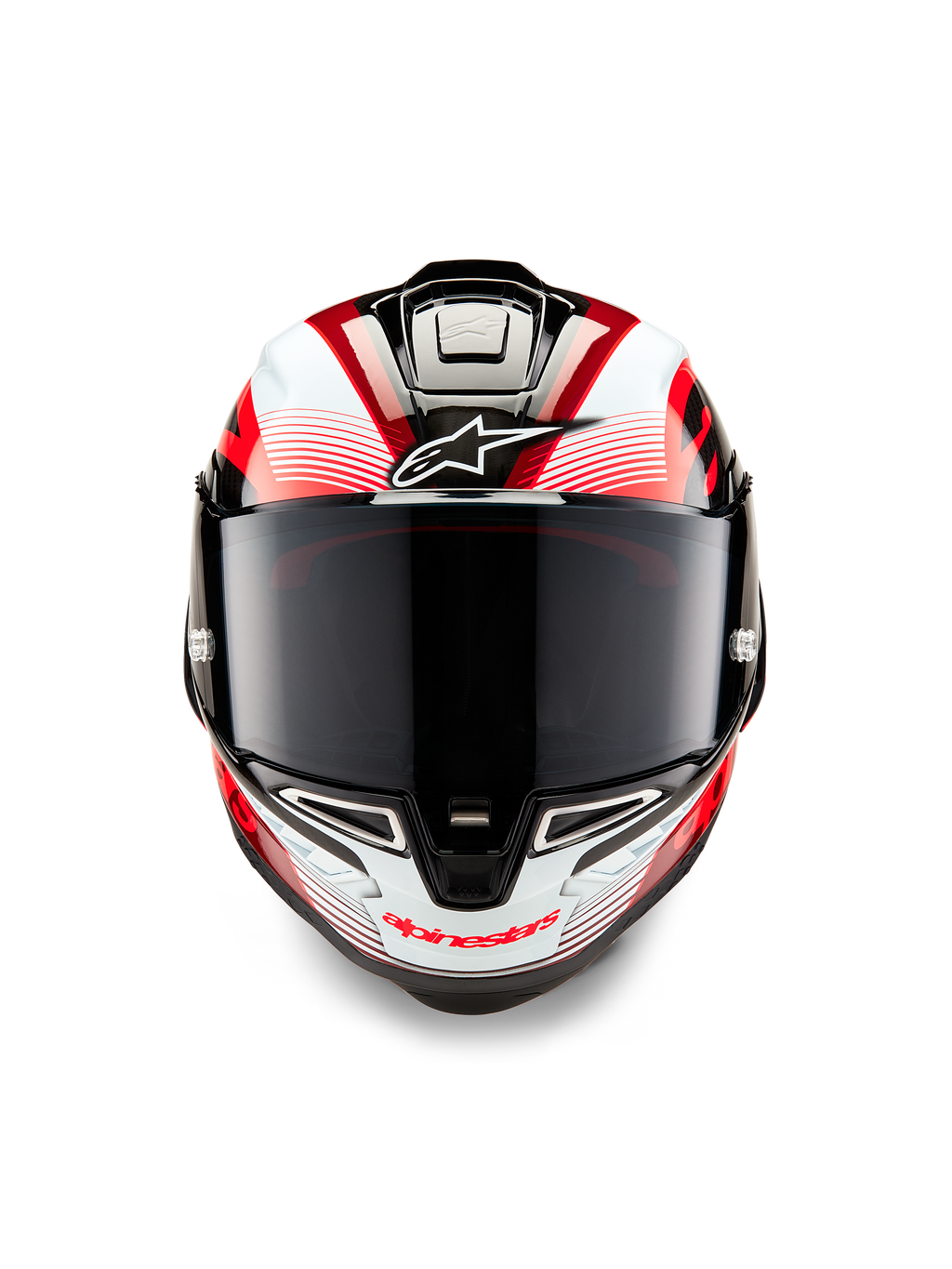Alpinestars Supertech R10 Team Helm, Vorderansicht, Schwarz-Carbon, Rot und Weiß glänzend, mit dunkel getöntem Visier, weißes Astar-Logo auf der Stirn, rotes Alpinestars-Branding am Kinnbügel, aerodynamisches, renntaugliches Design mit aufwendigen Grafiken
