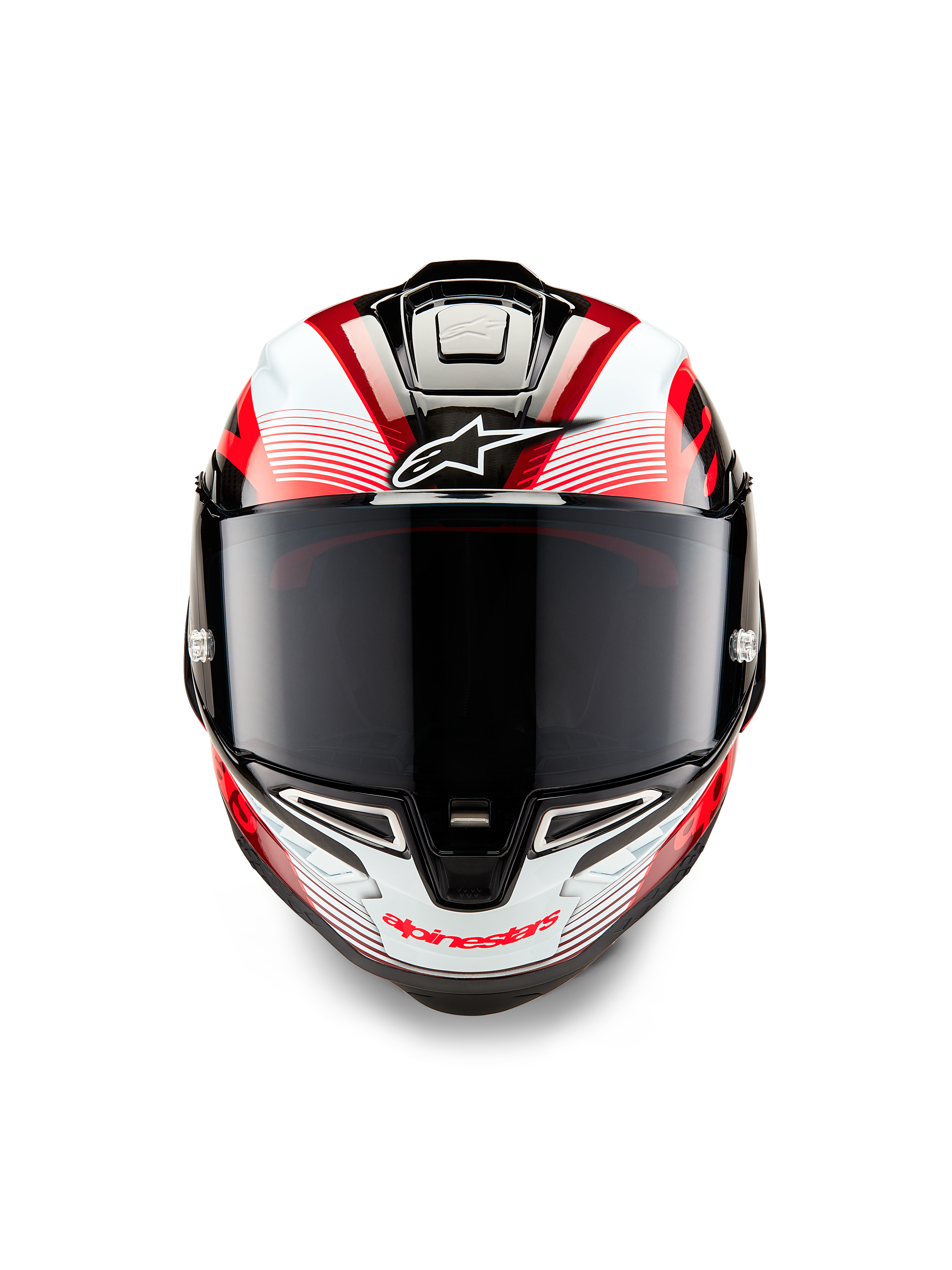 Alpinestars Supertech R10 Team Helm, Vorderansicht, Schwarz-Carbon, Rot und Weiß glänzend, mit dunkel getöntem Visier, weißes Astar-Logo auf der Stirn, rotes Alpinestars-Branding am Kinnbügel, aerodynamisches, renntaugliches Design mit aufwendigen Grafiken