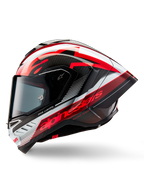 Alpinestars Supertech R10 Team Helm, Integral-Motorrad-Rennhelm, glänzendes Finish in Schwarz-Carbon, Rot und Weiß, Seitenprofil mit aerodynamischem Design, markantes rotes Branding mit 'One Vision' und 'Racing Ahead' Text, elegante Carbonfaser-Konstruktion für professionelle Performance.
