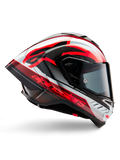 Alpinestars Supertech R10 Team Helm, Motorradrennhelm, Schwarz-Carbon mit roten und weißen glänzenden Grafiken, aerodynamische Profilansicht mit dunklem Visier, Kohlefaser-Details und markantem rotem Branding, Hochleistungs-Rennausrüstung