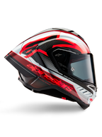 Alpinestars Supertech R10 Team Helm, Motorradrennhelm, Schwarz-Carbon mit roten und weißen glänzenden Grafiken, aerodynamische Profilansicht mit dunklem Visier, Kohlefaser-Details und markantem rotem Branding, Hochleistungs-Rennausrüstung
