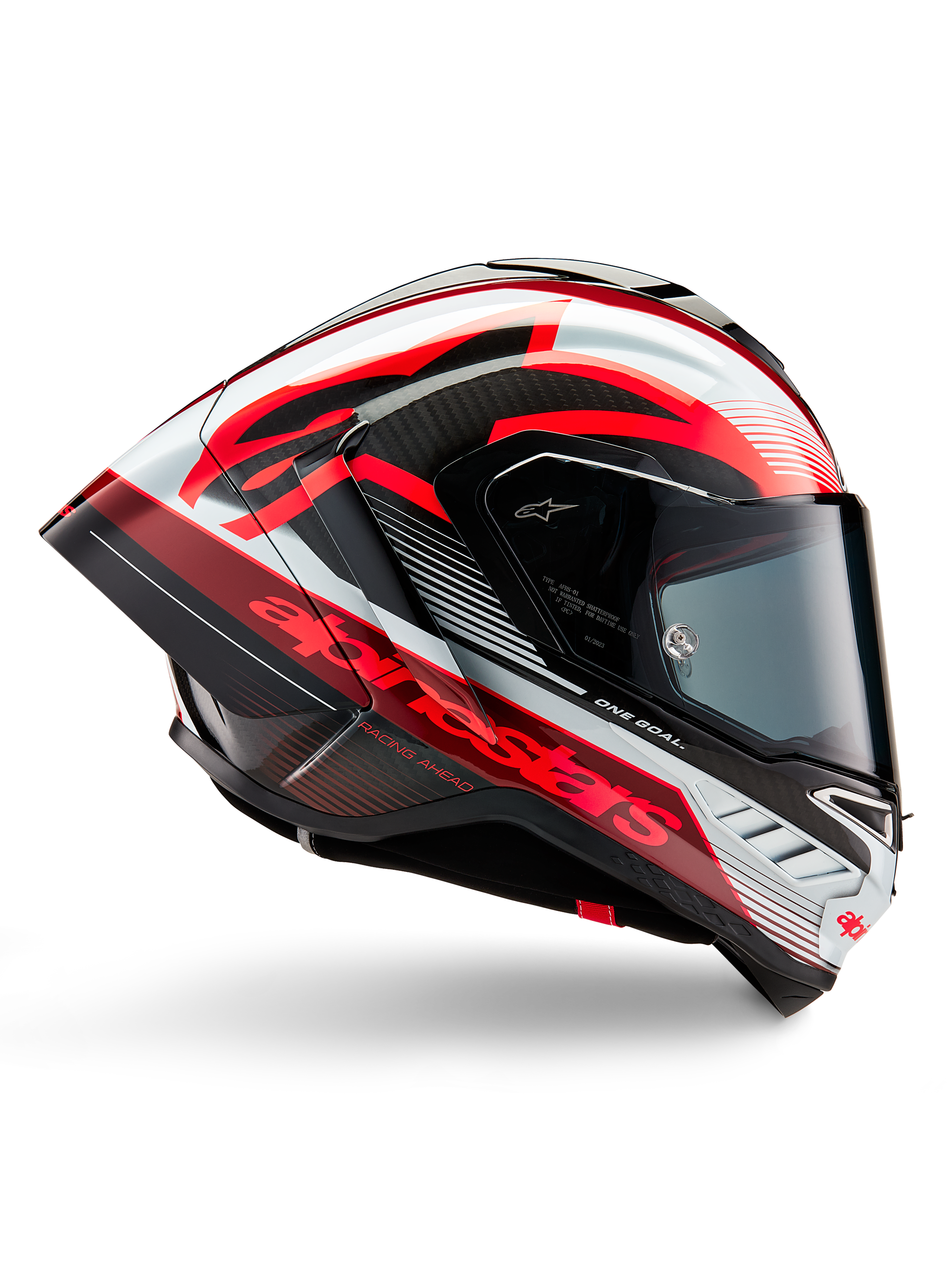 Alpinestars Supertech R10 Team Helm, Motorradrennhelm, Schwarz-Carbon mit roten und weißen glänzenden Grafiken, aerodynamische Profilansicht mit dunklem Visier, Kohlefaser-Details und markantem rotem Branding, Hochleistungs-Rennausrüstung