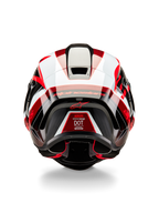 Alpinestars Supertech R10 Team Helm, Rückansicht, Schwarz Carbon Rot und Weiß glänzend, aerodynamisches Schalendesign mit markanten roten und weißen Paneelen, Alpinestars-Branding auf dem Spoiler und ein rotes Stern-Logo, professioneller Rennmotorradhelm