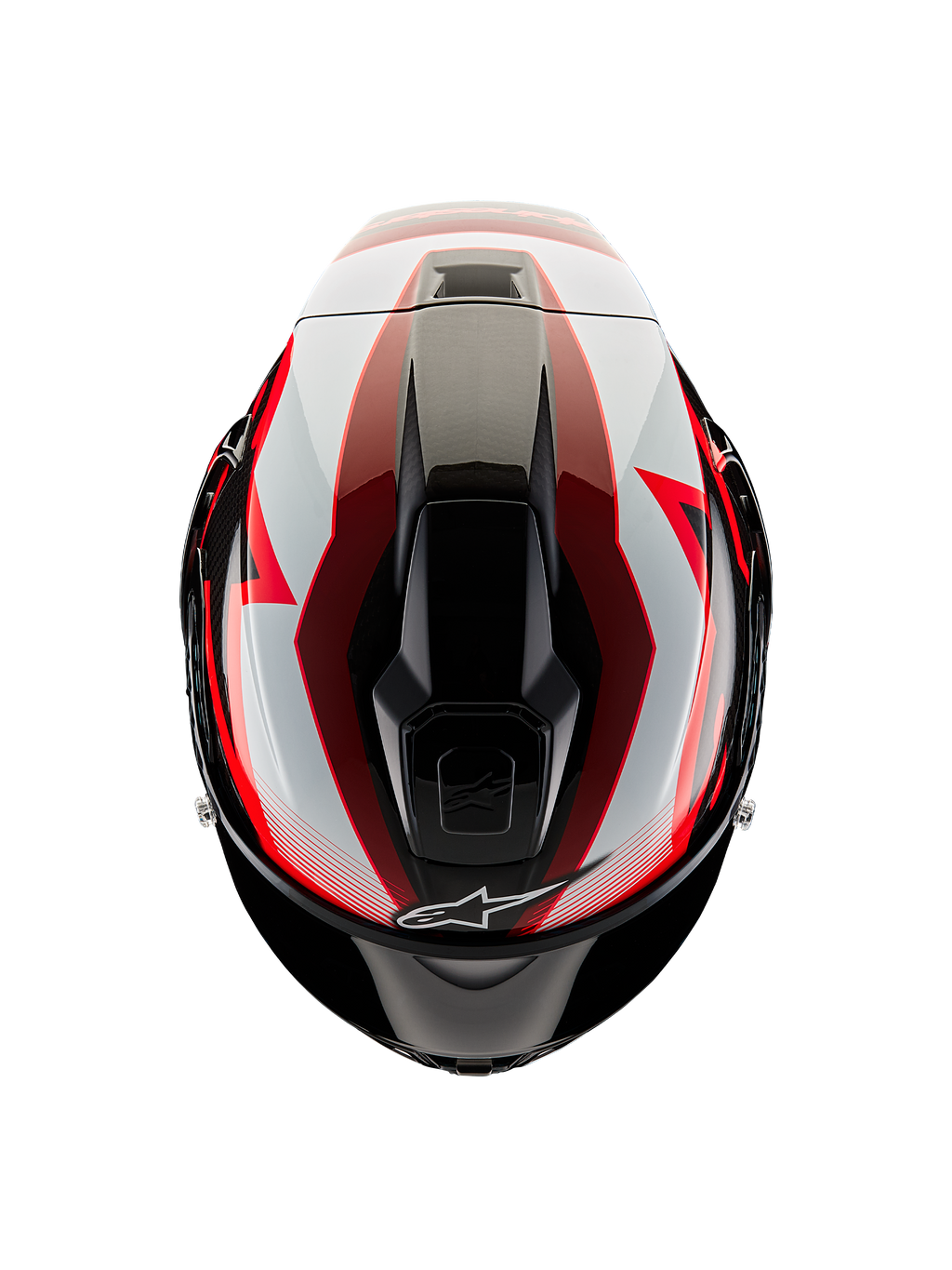 Alpinestars Supertech R10 Team Helm, Draufsicht, Schwarz Carbon, Rot und Weiß glänzend, aerodynamische Schale mit zentralen Belüftungsöffnungen und markanten Racing-Grafiken, professioneller Sport-Motorradhelm.