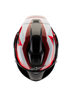 Alpinestars Supertech R10 Team Helm, Draufsicht, Schwarz Carbon, Rot und Weiß glänzend, aerodynamische Schale mit zentralen Belüftungsöffnungen und markanten Racing-Grafiken, professioneller Sport-Motorradhelm.