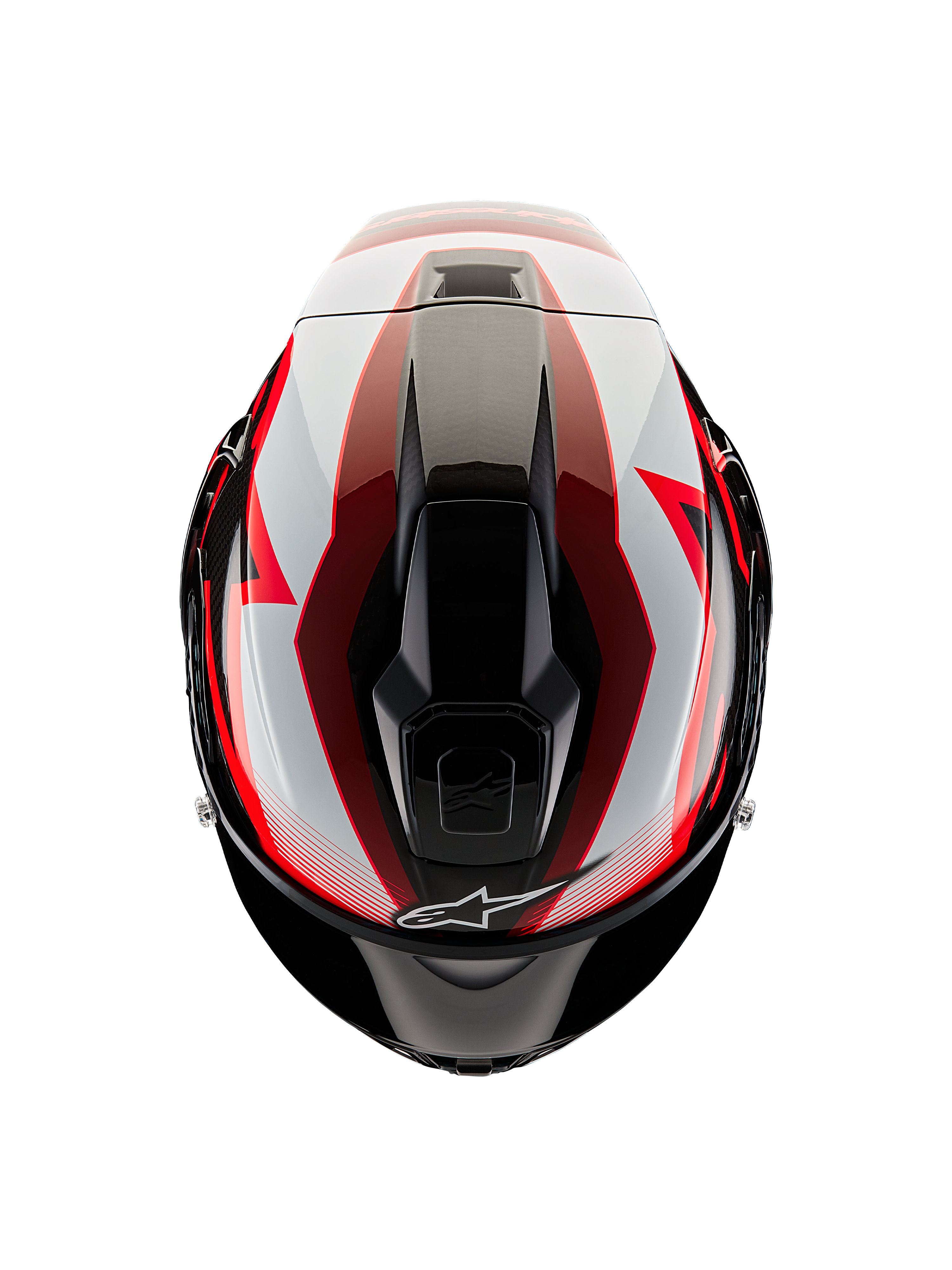 Alpinestars Supertech R10 Team Helm, Draufsicht, Schwarz Carbon, Rot und Weiß glänzend, aerodynamische Schale mit zentralen Belüftungsöffnungen und markanten Racing-Grafiken, professioneller Sport-Motorradhelm.