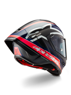 Alpinestars Supertech R10 Team Helmet, Professional Motorcycle Racing Helmet, Black Carbon with Fluorescent Red and Matte Blue accents, aerodynamic rear view showing integrated spoiler, bold Alpinestars branding, and visible carbon fiber shell texture.