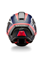 Alpinestars Supertech R10 Team Helmet, Rear View, Black Carbon with Red Fluo and Blue Matte accents, featuring an aerodynamic spoiler, bold white Alpinestars branding, and DOT certification label, professional motorsport gear