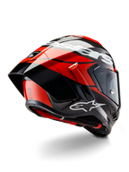 Alpinestars Supertech R10 Element Helm, Schwarz Carbon, Hellrot und Weiß glänzend, Dreiviertelansicht von hinten mit großem aerodynamischem Spoiler und Kohlefaserschale, markante Alpinestars-Logos und DOT-Zertifizierung
