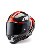 Alpinestars Supertech R10 Element Helm, Rennsport-Motorradhelm, Carbon-Schwarz, leuchtendes Rot und glänzendes Weiß, Dreiviertel-Frontansicht mit dunkel getöntem Visier, glänzende Carbonfaser-Schale, rote Belüftungsöffnungen oben, weiße Akzente am Kinn und markantes Alpinestars-Branding, entwickelt für aerodynamische Rennleistung.