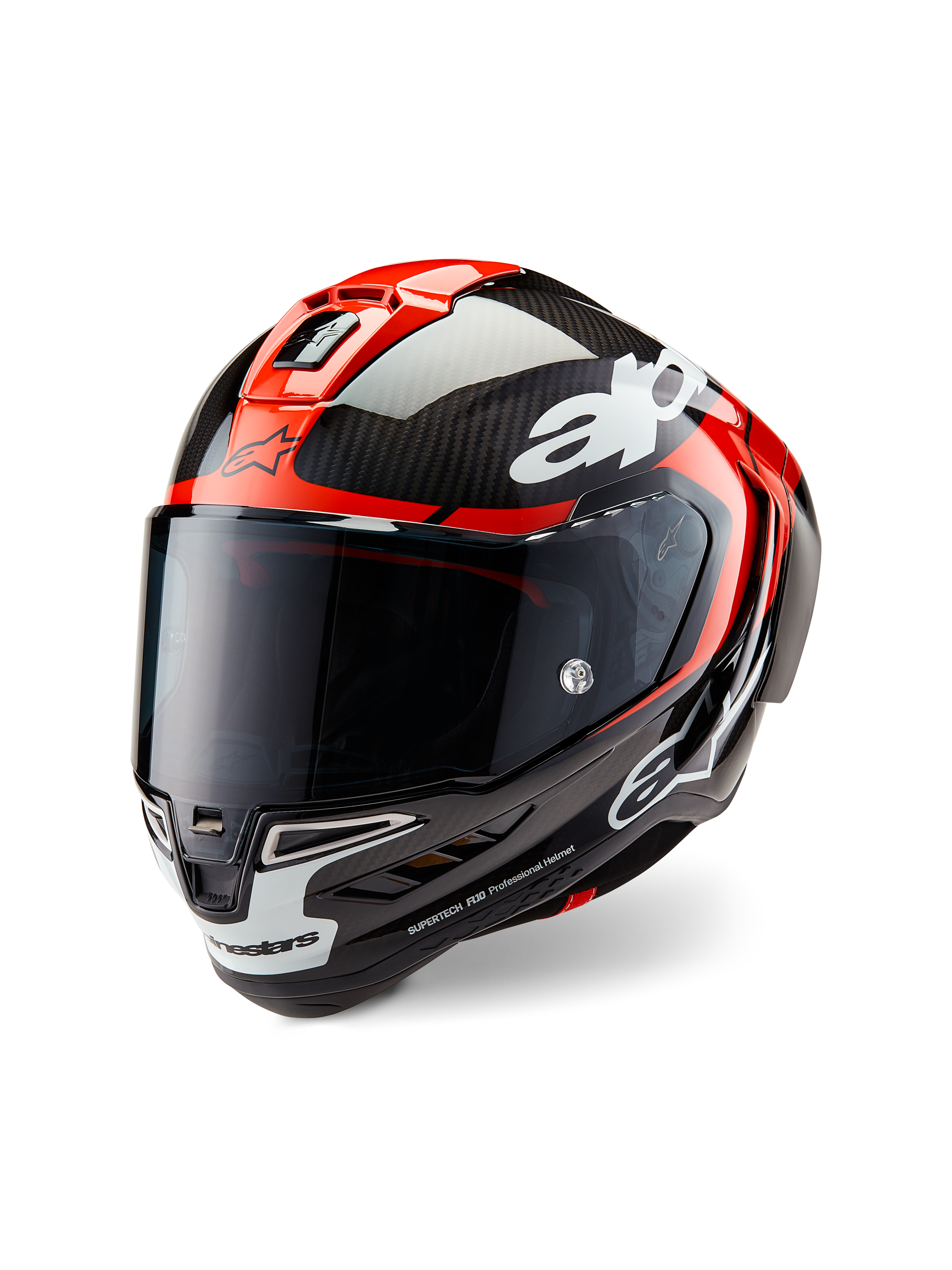 Alpinestars Supertech R10 Element Helm, Rennsport-Motorradhelm, Carbon-Schwarz, leuchtendes Rot und glänzendes Weiß, Dreiviertel-Frontansicht mit dunkel getöntem Visier, glänzende Carbonfaser-Schale, rote Belüftungsöffnungen oben, weiße Akzente am Kinn und markantes Alpinestars-Branding, entwickelt für aerodynamische Rennleistung.