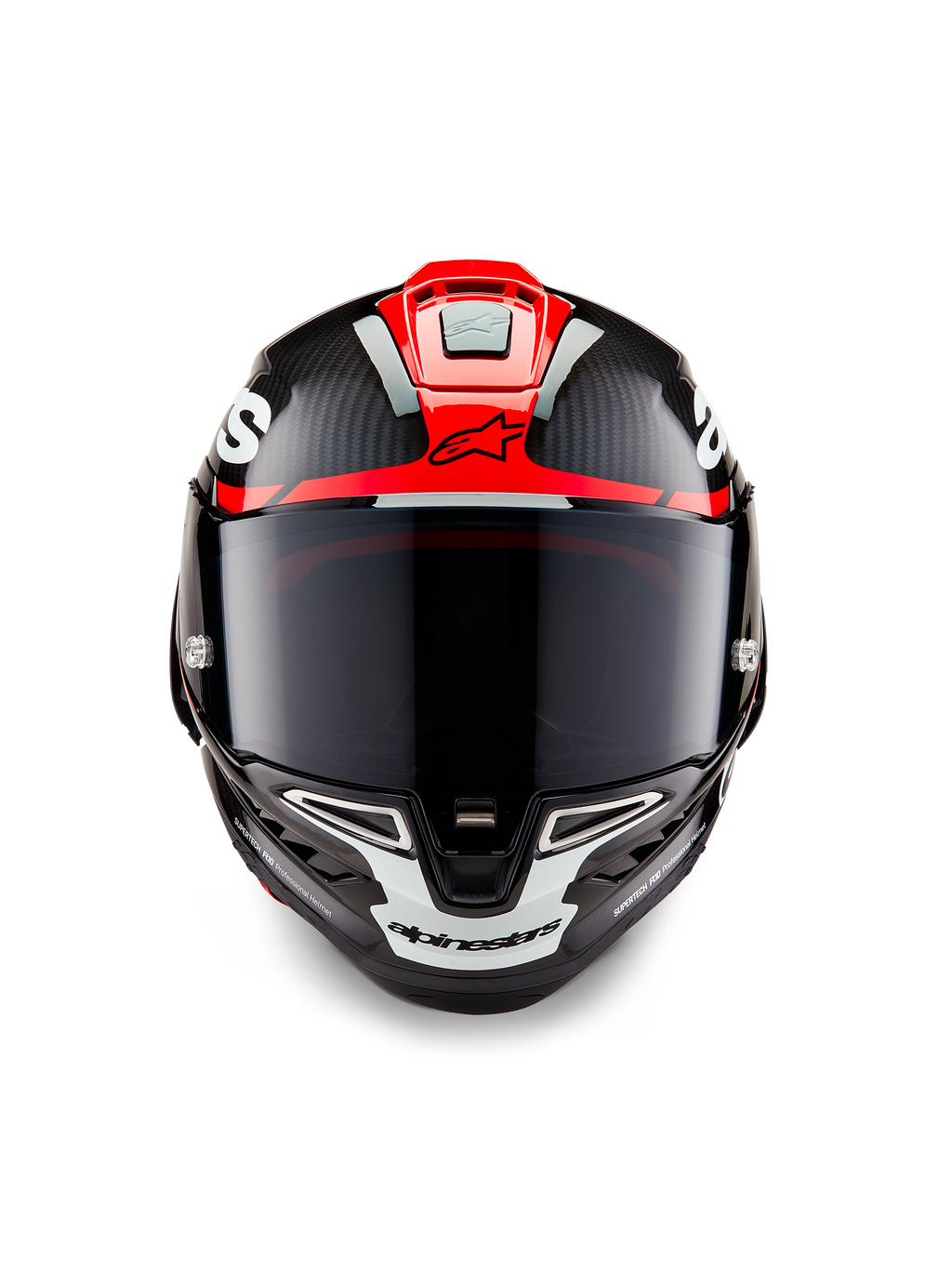 Alpinestars Supertech R10 Element Helm, Black Carbon mit glänzend roten und weißen Grafiken, Frontansicht mit dunkel getöntem Visier, sichtbarer Carbonfaser-Textur und integrierter Belüftung, professioneller Motorrad-Rennhelm
