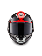 Alpinestars Supertech R10 Element Helm, Black Carbon mit glänzend roten und weißen Grafiken, Frontansicht mit dunkel getöntem Visier, sichtbarer Carbonfaser-Textur und integrierter Belüftung, professioneller Motorrad-Rennhelm