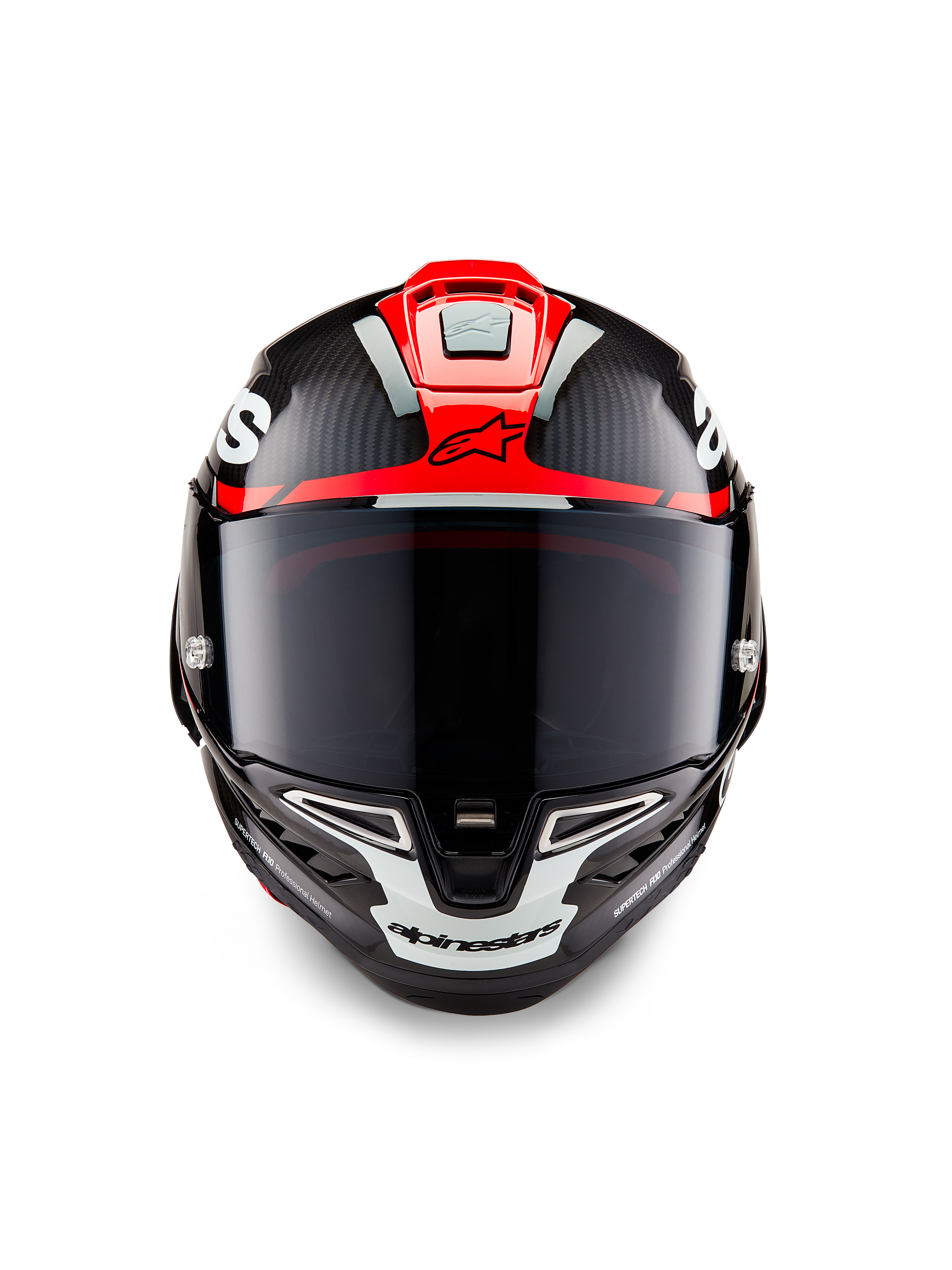 Alpinestars Supertech R10 Element Helm, Black Carbon mit glänzend roten und weißen Grafiken, Frontansicht mit dunkel getöntem Visier, sichtbarer Carbonfaser-Textur und integrierter Belüftung, professioneller Motorrad-Rennhelm