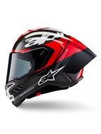 Alpinestars Supertech R10 Element Helm, Integral-Rennhelm, Schwarz Carbon, Hellrot und Weiß glänzend, Seitenansicht der aerodynamischen Carbonfaser-Schale mit sichtbarem Gewebe, weißem Alpinestars-Branding und integriertem Heckspoiler