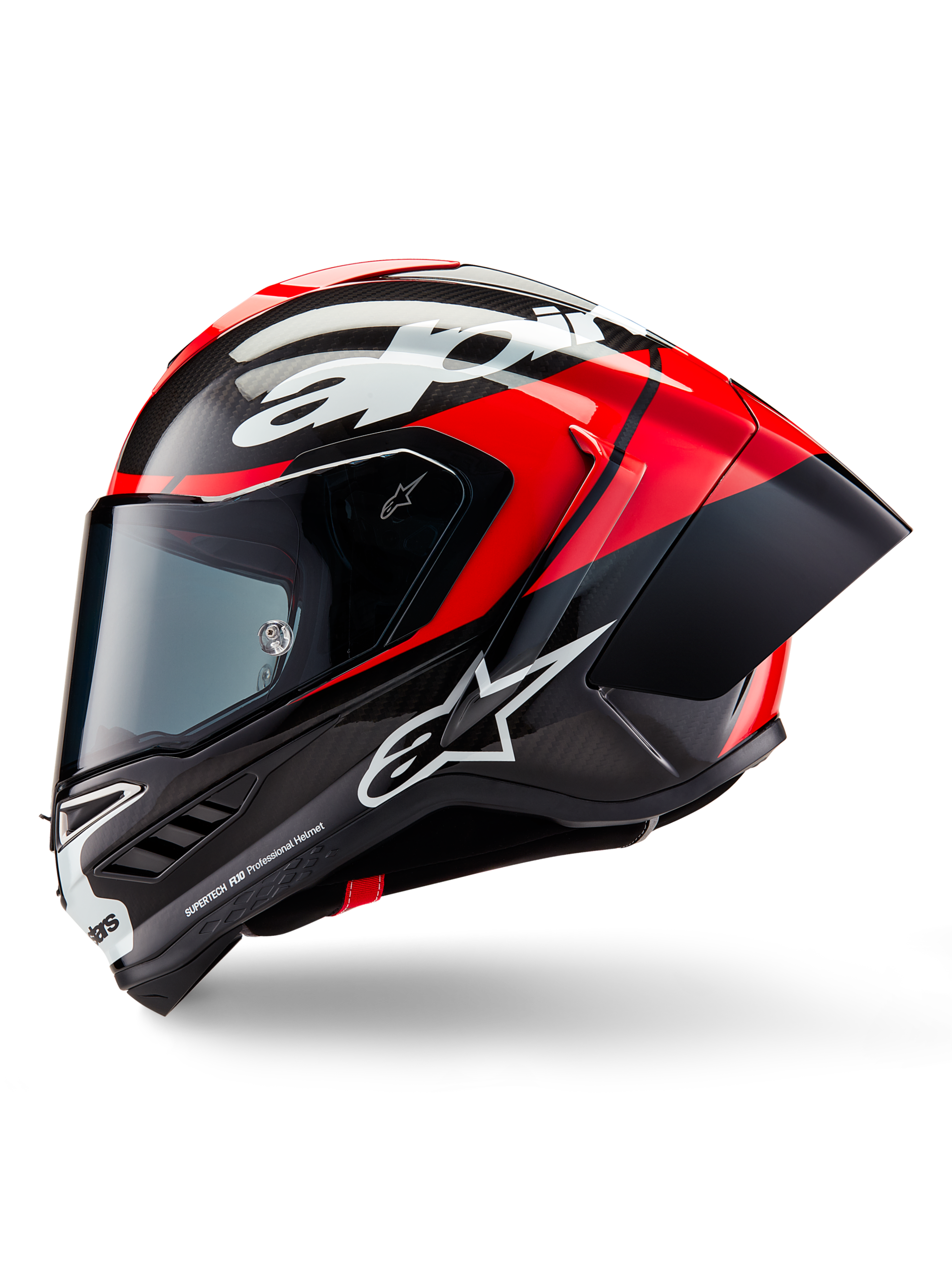 Alpinestars Supertech R10 Element Helm, Integral-Rennhelm, Schwarz Carbon, Hellrot und Weiß glänzend, Seitenansicht der aerodynamischen Carbonfaser-Schale mit sichtbarem Gewebe, weißem Alpinestars-Branding und integriertem Heckspoiler