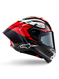 Alpinestars Supertech R10 Element Helm, Vollvisier-Motorrad-Rennhelm, Schwarz-Carbon mit leuchtend roten und weißen Akzenten, Seitenprofil mit aerodynamischer Carbonfaser-Schale, glänzendes Finish mit weißem Logo, getöntes Visier, professioneller Rennschutz