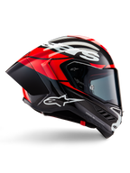Alpinestars Supertech R10 Element Helm, Vollvisier-Motorrad-Rennhelm, Schwarz-Carbon mit leuchtend roten und weißen Akzenten, Seitenprofil mit aerodynamischer Carbonfaser-Schale, glänzendes Finish mit weißem Logo, getöntes Visier, professioneller Rennschutz