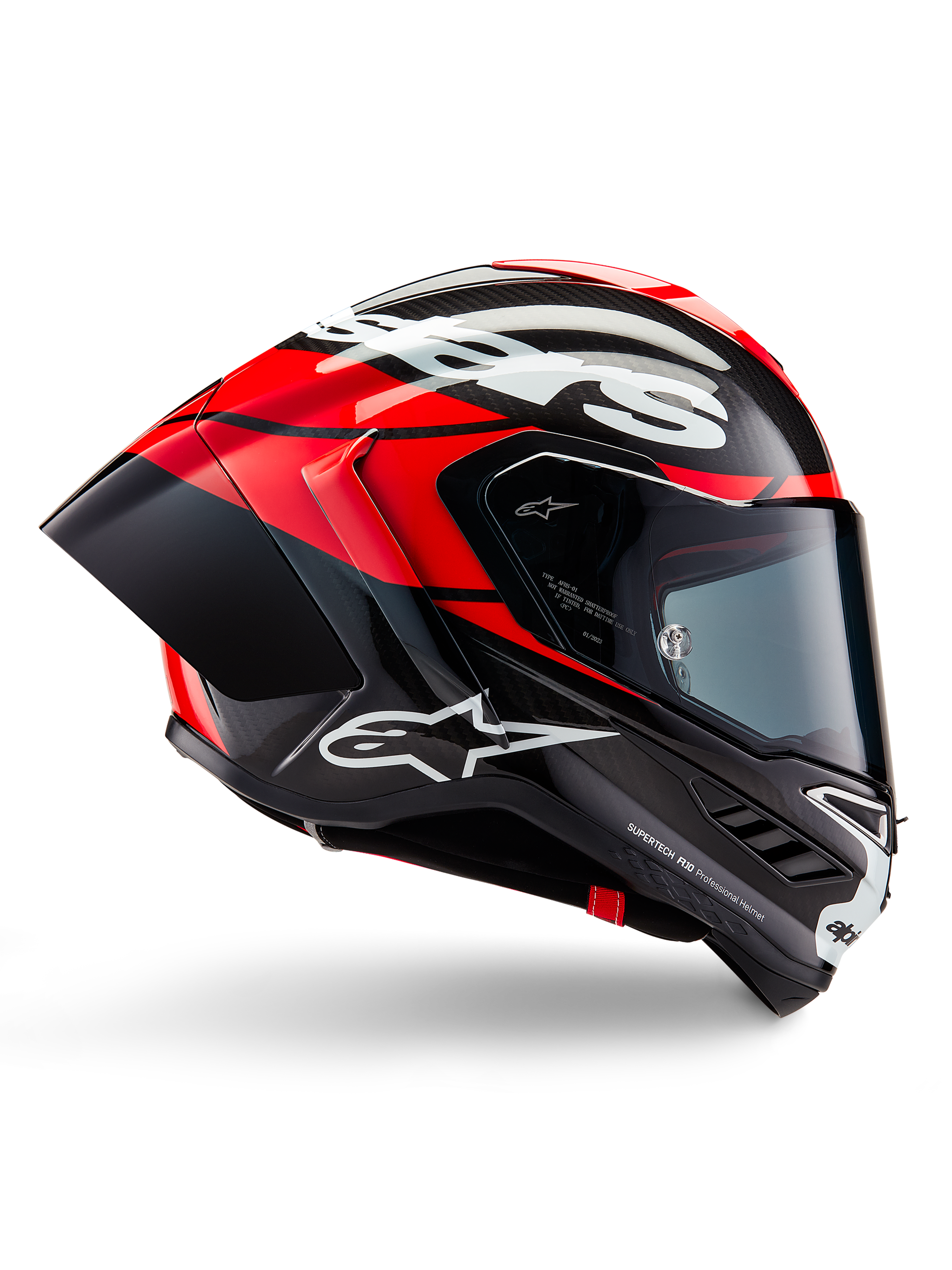 Alpinestars Supertech R10 Element Helm, Vollvisier-Motorrad-Rennhelm, Schwarz-Carbon mit leuchtend roten und weißen Akzenten, Seitenprofil mit aerodynamischer Carbonfaser-Schale, glänzendes Finish mit weißem Logo, getöntes Visier, professioneller Rennschutz