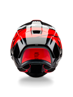 Alpinestars Supertech R10 Element Helm, Rückansicht, Schwarz-Carbon mit leuchtend roten und weißen glänzenden Akzenten, mit aerodynamischem Heckspoiler, Entlüftungsöffnungen und DOT-Zertifizierungslabel, elegantes, vom Rennsport inspiriertes Design mit Carbonfaser-Details