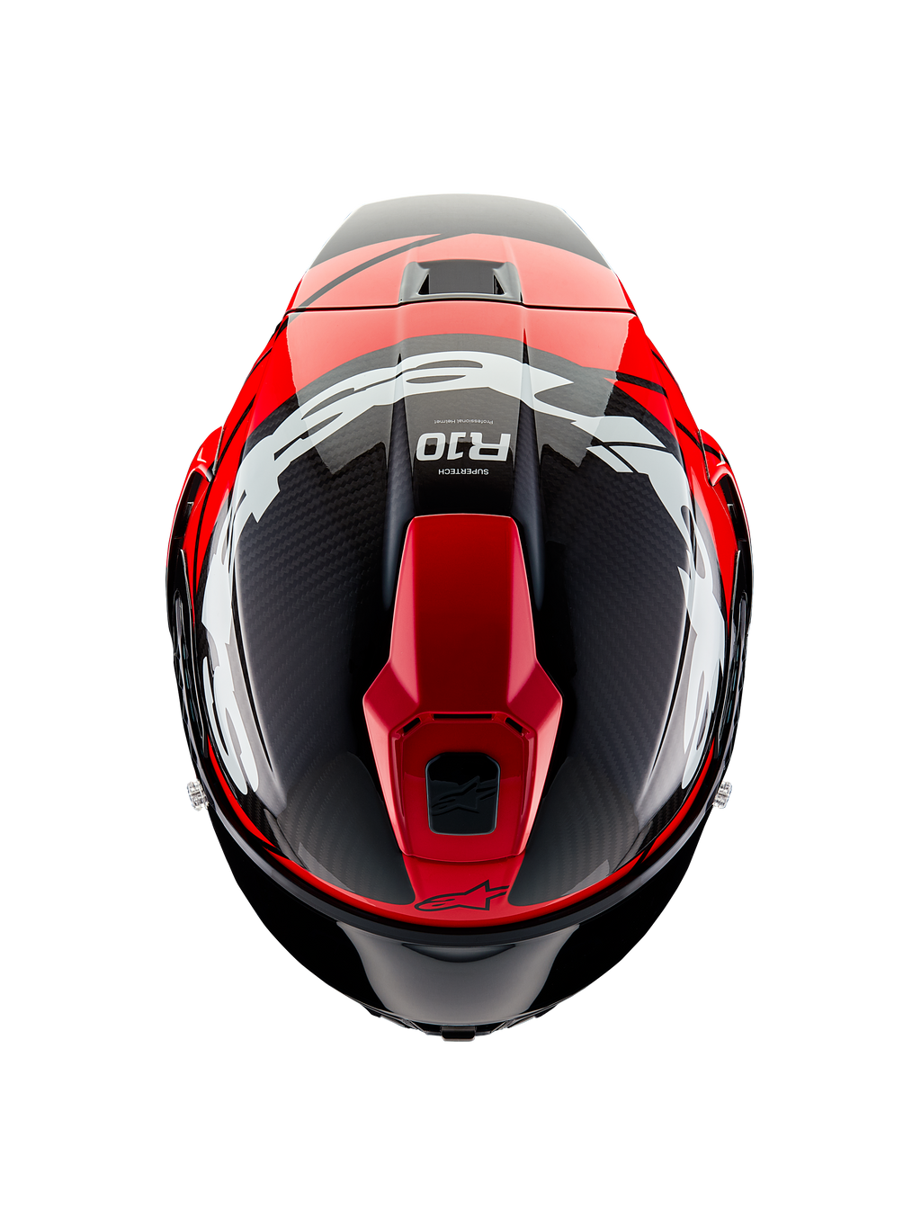 Alpinestars Supertech R10 Element Helm, Draufsicht, Black Carbon mit leuchtend roten und weißen glänzenden Grafiken, aerodynamischer Rennhelm mit großen weißen Logos und sichtbarer Carbonfaser-Struktur