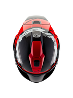 Alpinestars Supertech R10 Element Helm, Draufsicht, Black Carbon mit leuchtend roten und weißen glänzenden Grafiken, aerodynamischer Rennhelm mit großen weißen Logos und sichtbarer Carbonfaser-Struktur