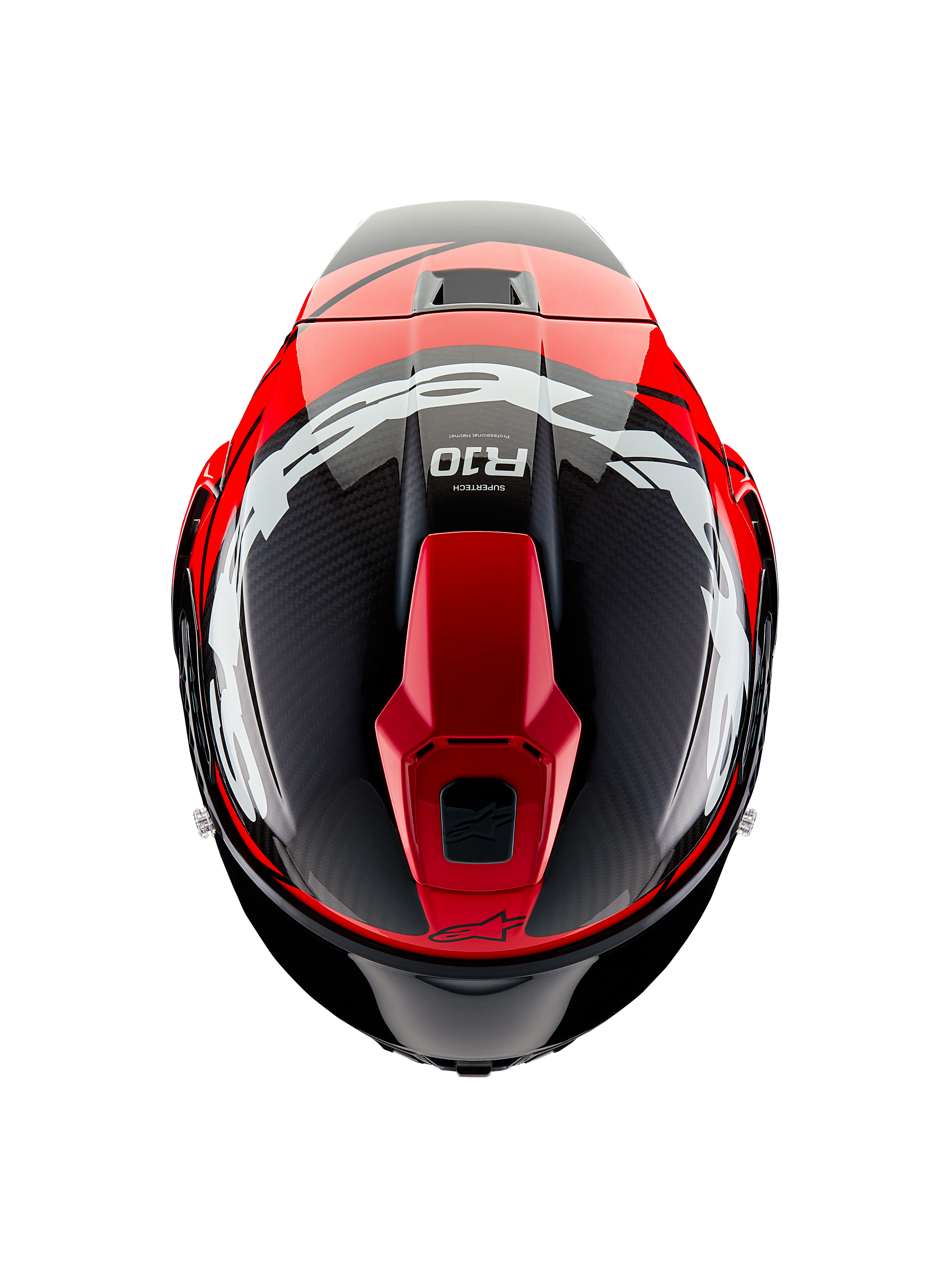 Alpinestars Supertech R10 Element Helm, Draufsicht, Black Carbon mit leuchtend roten und weißen glänzenden Grafiken, aerodynamischer Rennhelm mit großen weißen Logos und sichtbarer Carbonfaser-Struktur